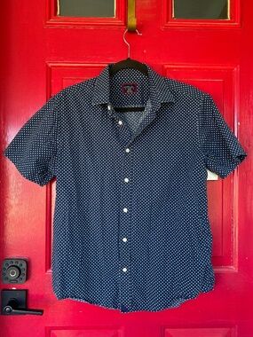 UntuckIt Men's Large Short Sleeve Shirt Navy Polka Dots Button Up Summer Casual